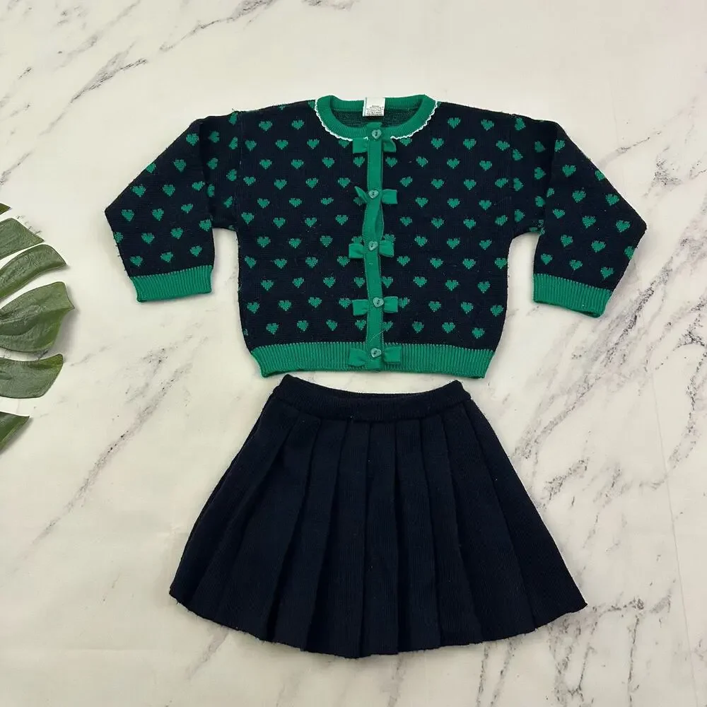 Vintage 80s Toddler Girls Sweater Skirt Set Size 3T Navy Blue Green Hearts Bows
